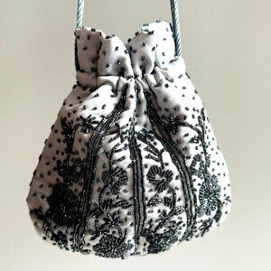 Light Grey Beaded Satin Drawstring Evening Purse